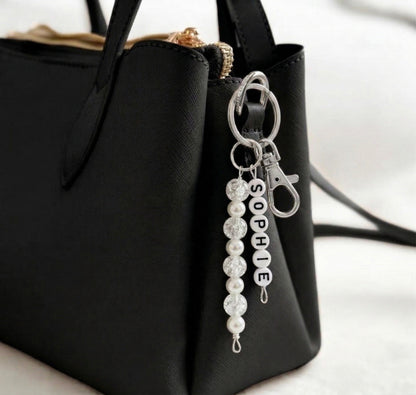 Personalised Keychain With White Beads, Name Bag Charm